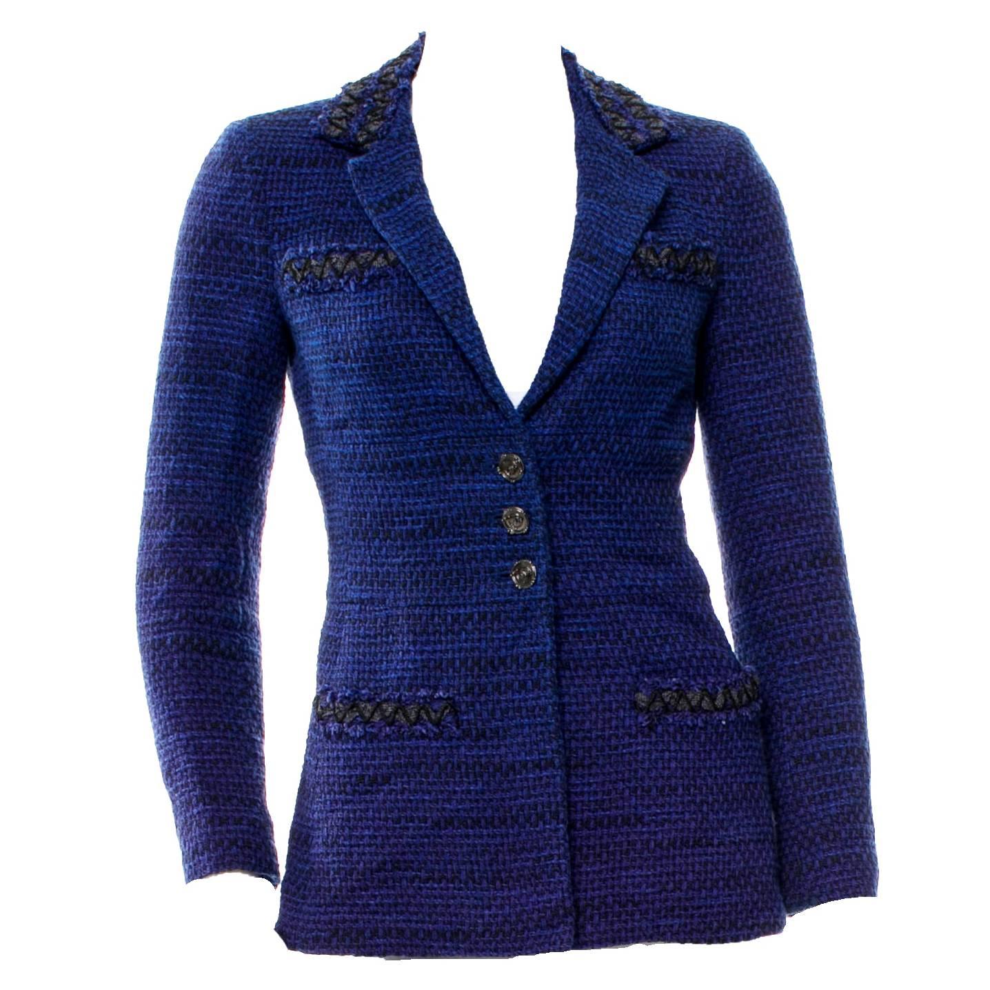 Beautiful Chanel Black & Blue Tweed Riding Jacket Blazer