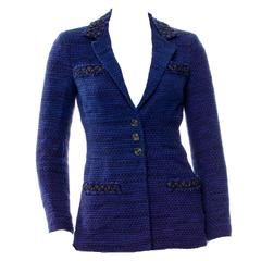 Schöne Chanel Schwarzer & blauer Tweed-Reiterjacke Blazer
