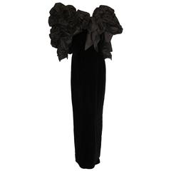 Bill Blass Evening Gown Voluminous Silk Taffeta Top + Velvet Column Dress 80s M