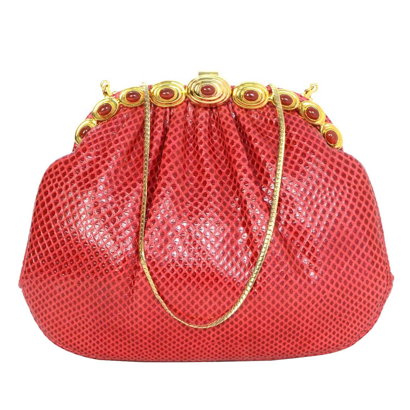 Judith Leiber Red Karung Snakeskin Clutch with GHW