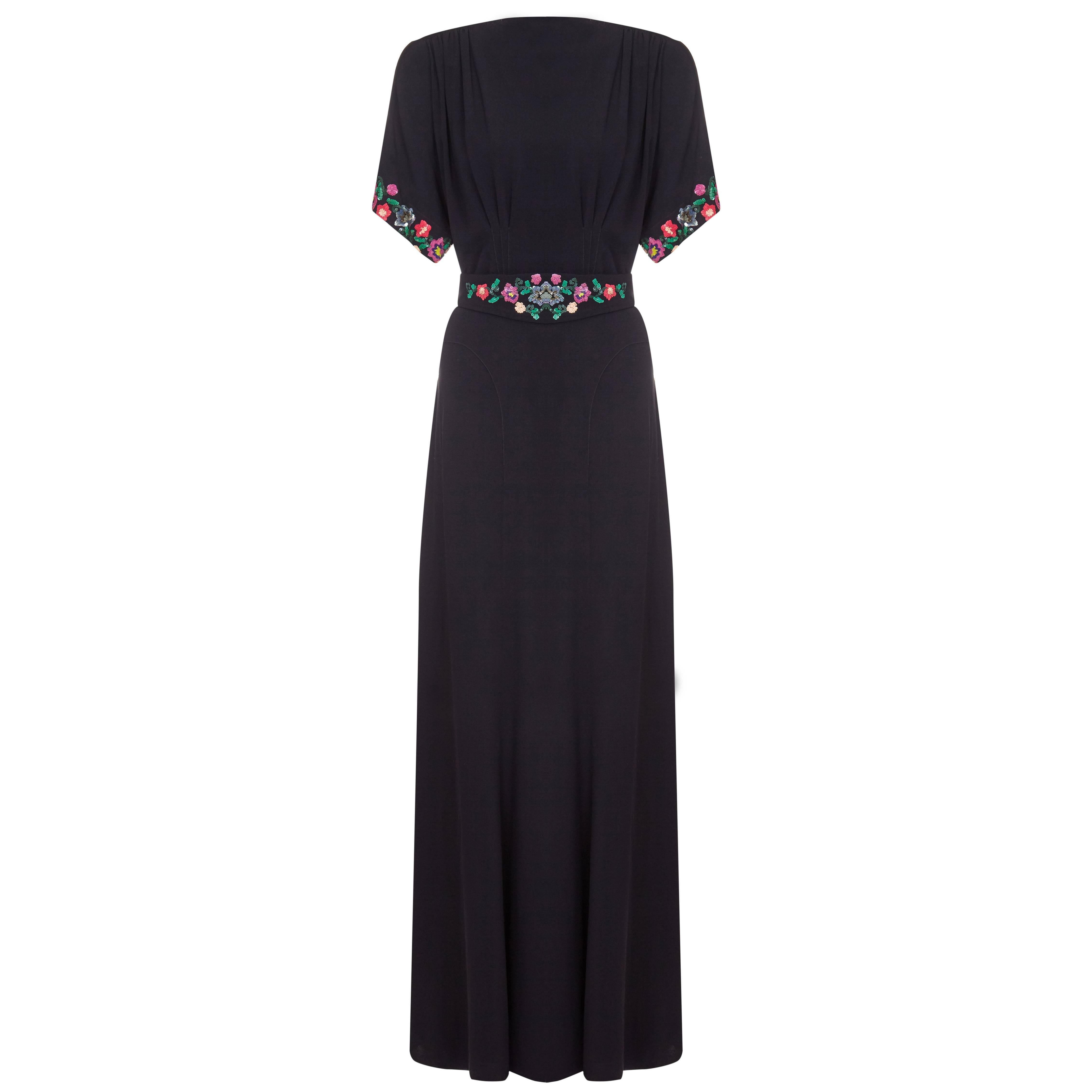 1940s Long Black Crepe Dress with Sequined Florals