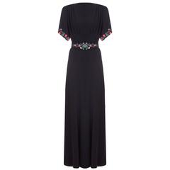 1940s Long Black Crepe Dress with Sequined Florals