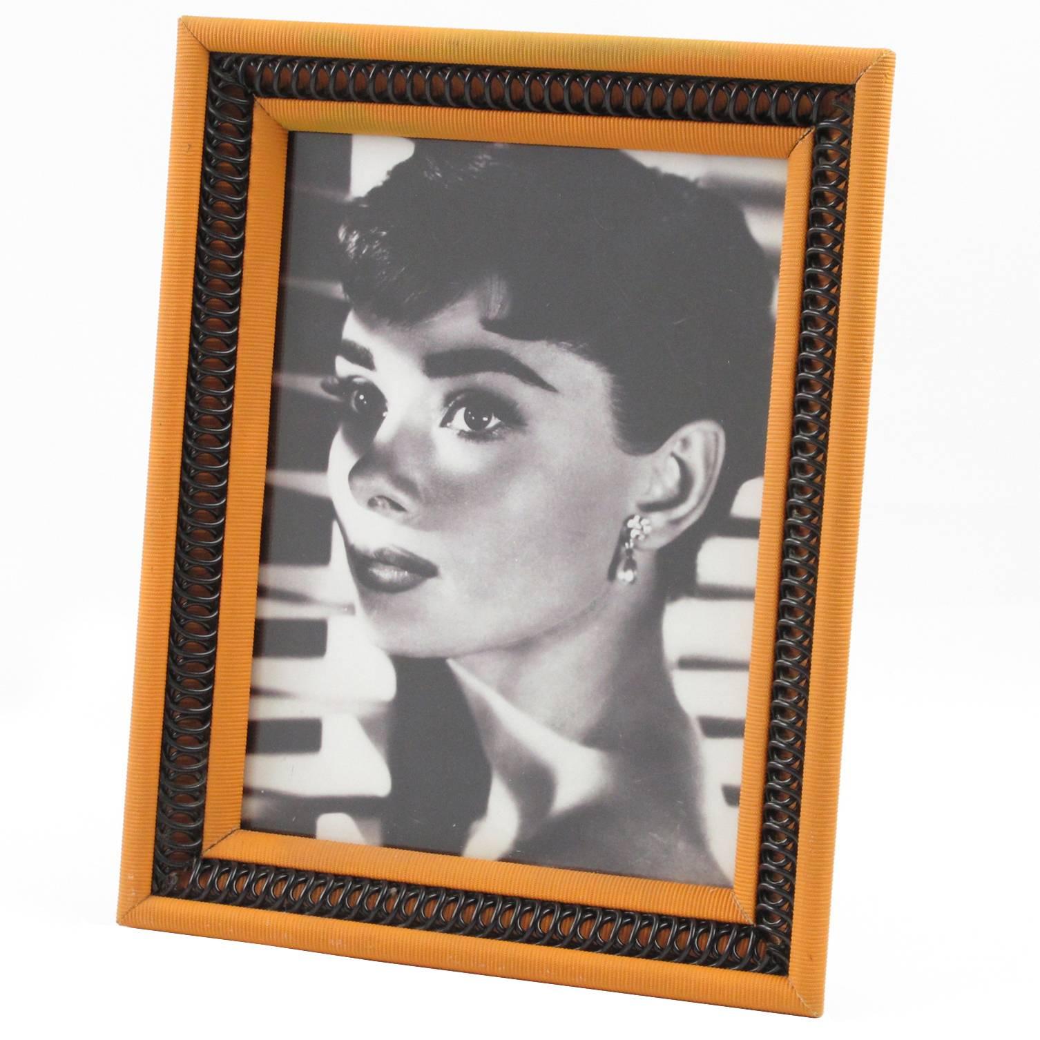 Mid-Century Modernist Picture Photo Frame Orange & Black Plastic Raffia 1960s