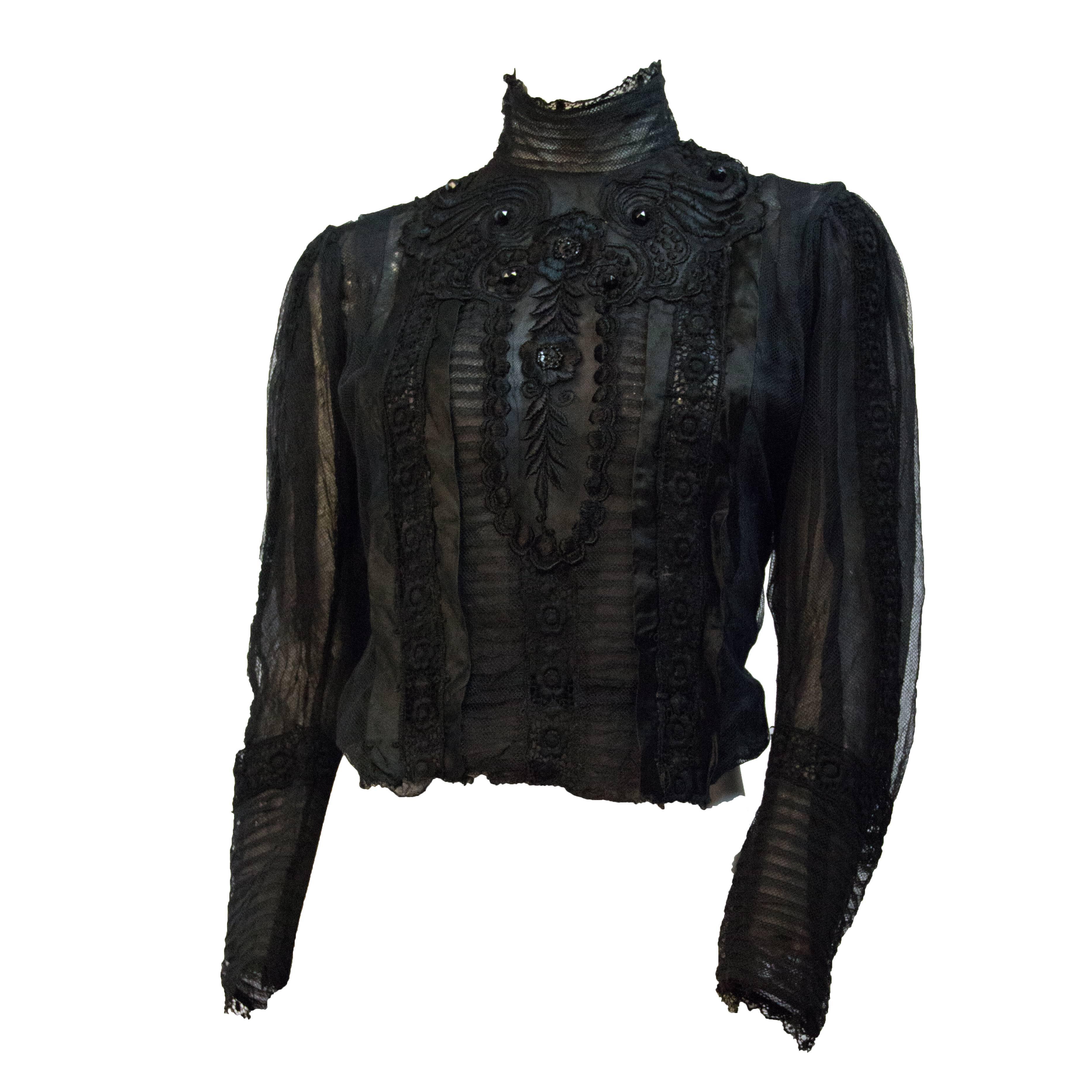 Edwardian Black Mesh Embroidered Blouse with Black Silk Embroidery and Jet Beads