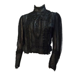 Antique Edwardian Black Mesh Embroidered Blouse with Black Silk Embroidery and Jet Beads