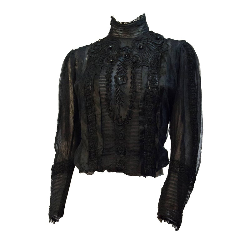 Schwarze bestickte Bluse aus edwardianischem Mesh mit schwarzer  Seidenstickerei und Jet-Perlen bei 1stDibs