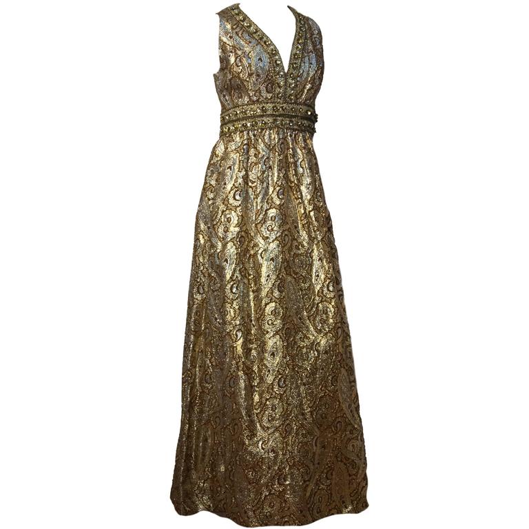 70s Gold Brocade Empire Maxi Dress with Rhinestone Trim at 1stDibs