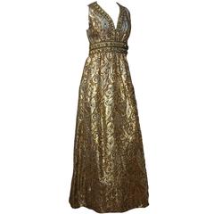 70s Gold Brocade Empire Maxi Dress with Rhinestone Trim