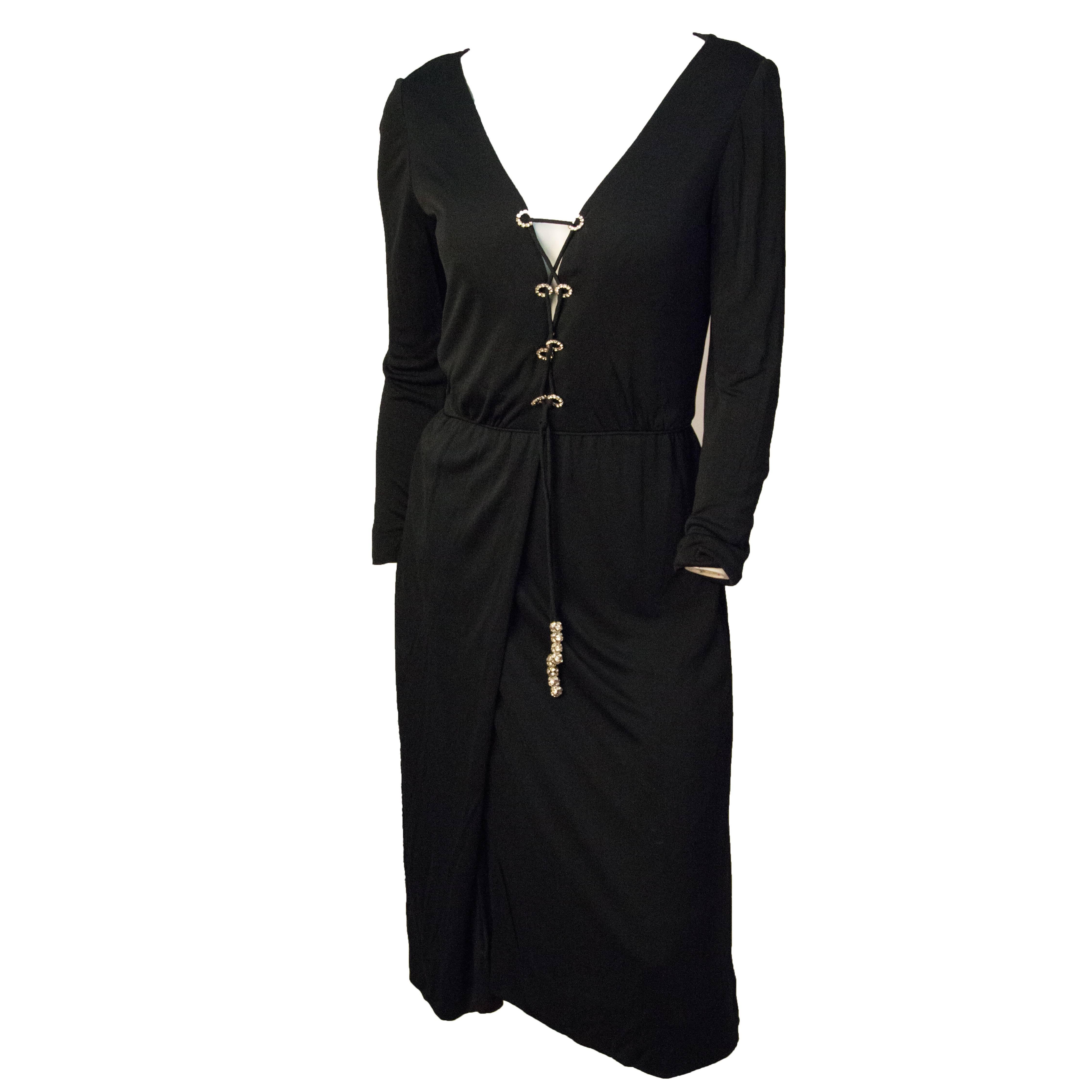 70s Ceil Chapman Black Silk Jersey Dress with Rhinestone Embellishment 
