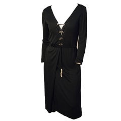 Vintage 70s Ceil Chapman Black Silk Jersey Dress with Rhinestone Embellishment 