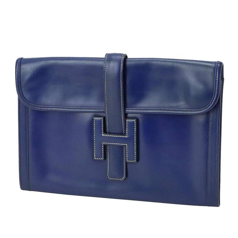 Hermes Blue Calfskin Leather Jige 'H' Evening Envelope Clutch Bag For