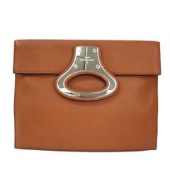 Louis Vuitton Cognac Brown Leather Silver Envelope Clutch Bag