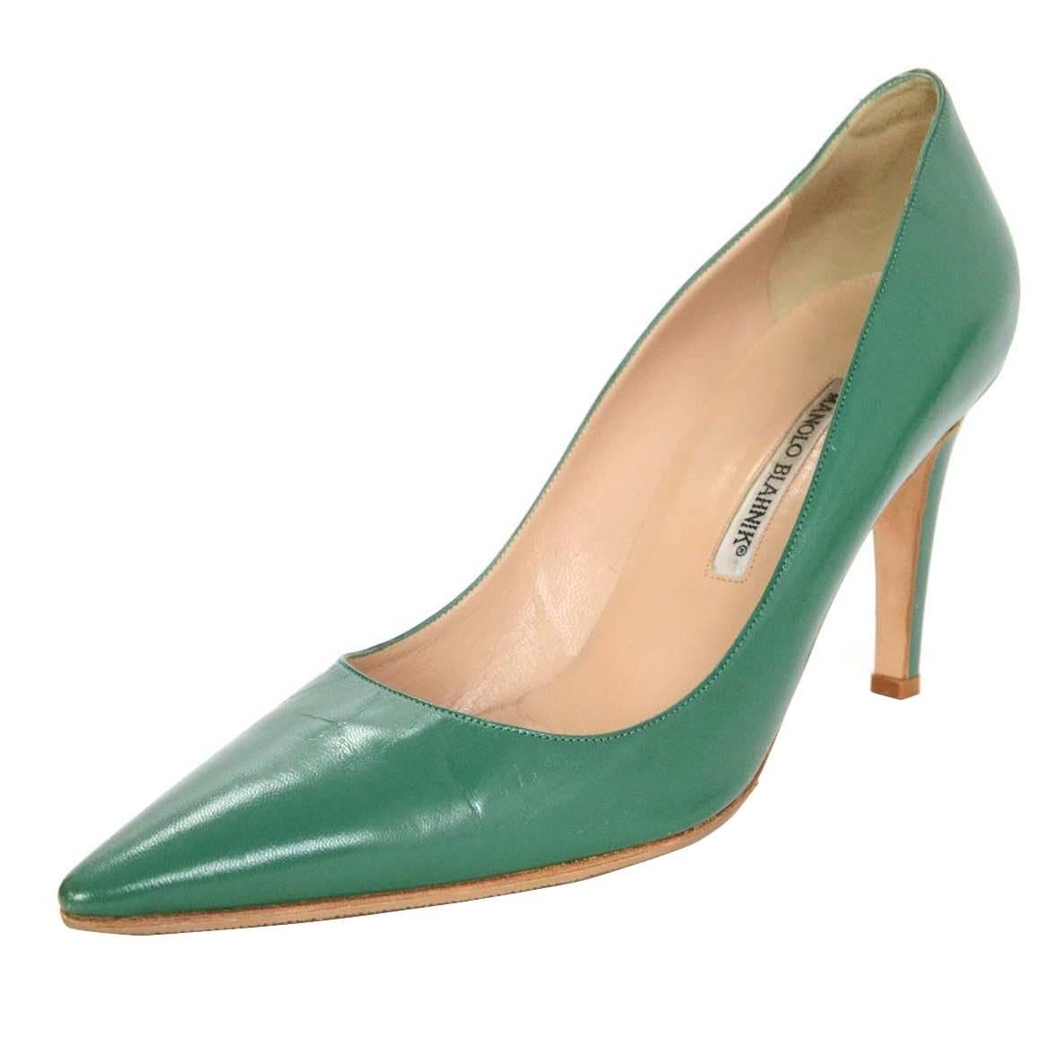 Manolo Blahnik Green Leather Pointed Pumps Sz 40.5