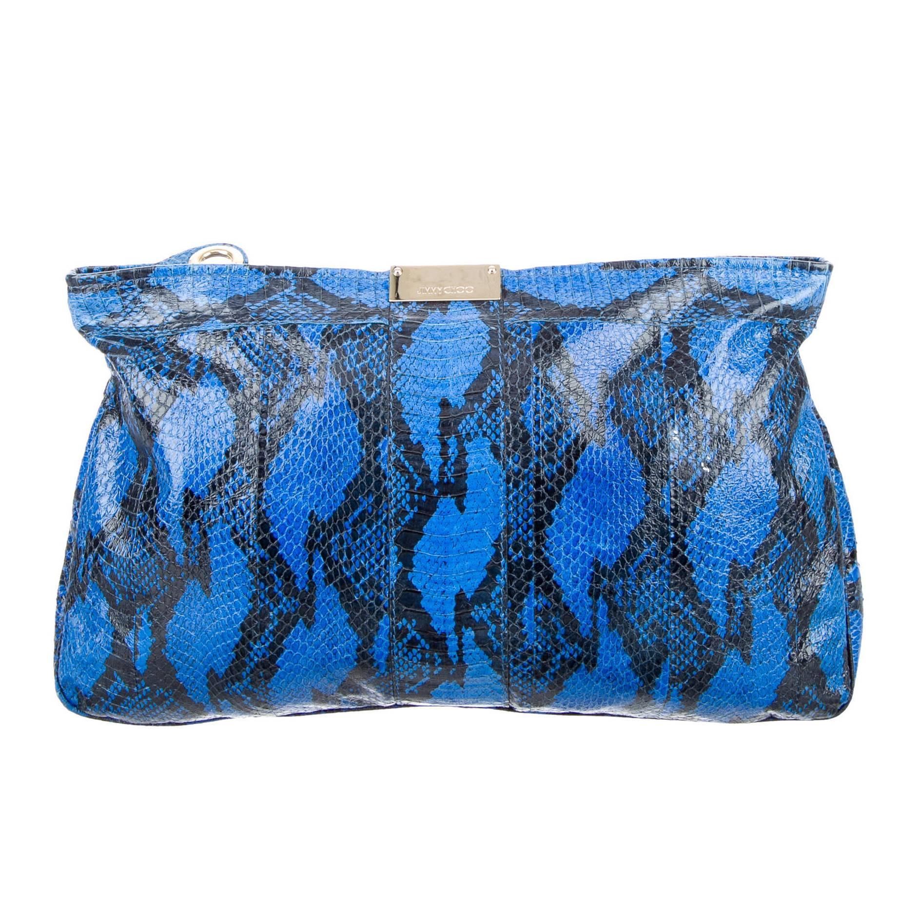 Jimmy Choo Electric Blue Black Snake Leather Envelope Pouch Clutch Bag