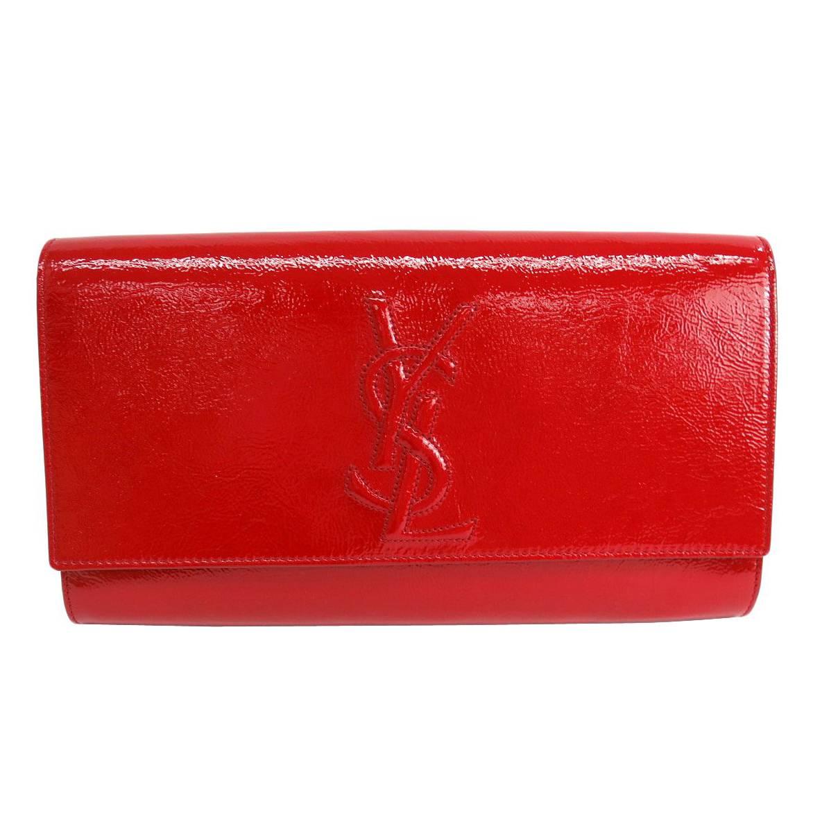 Yves Saint Laurent (YSL) Red Patent Leather Logo Envelope Flap Clutch Bag