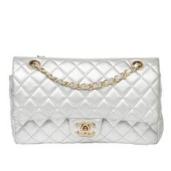 Chanel Classic Double Flap Metallic Silver Quilted Leather