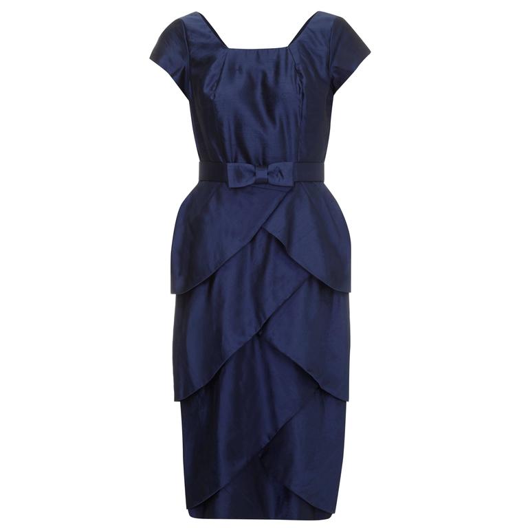 1950s Navy Silk Dress With Tiered Petal Skirt For Sale at 1stdibs