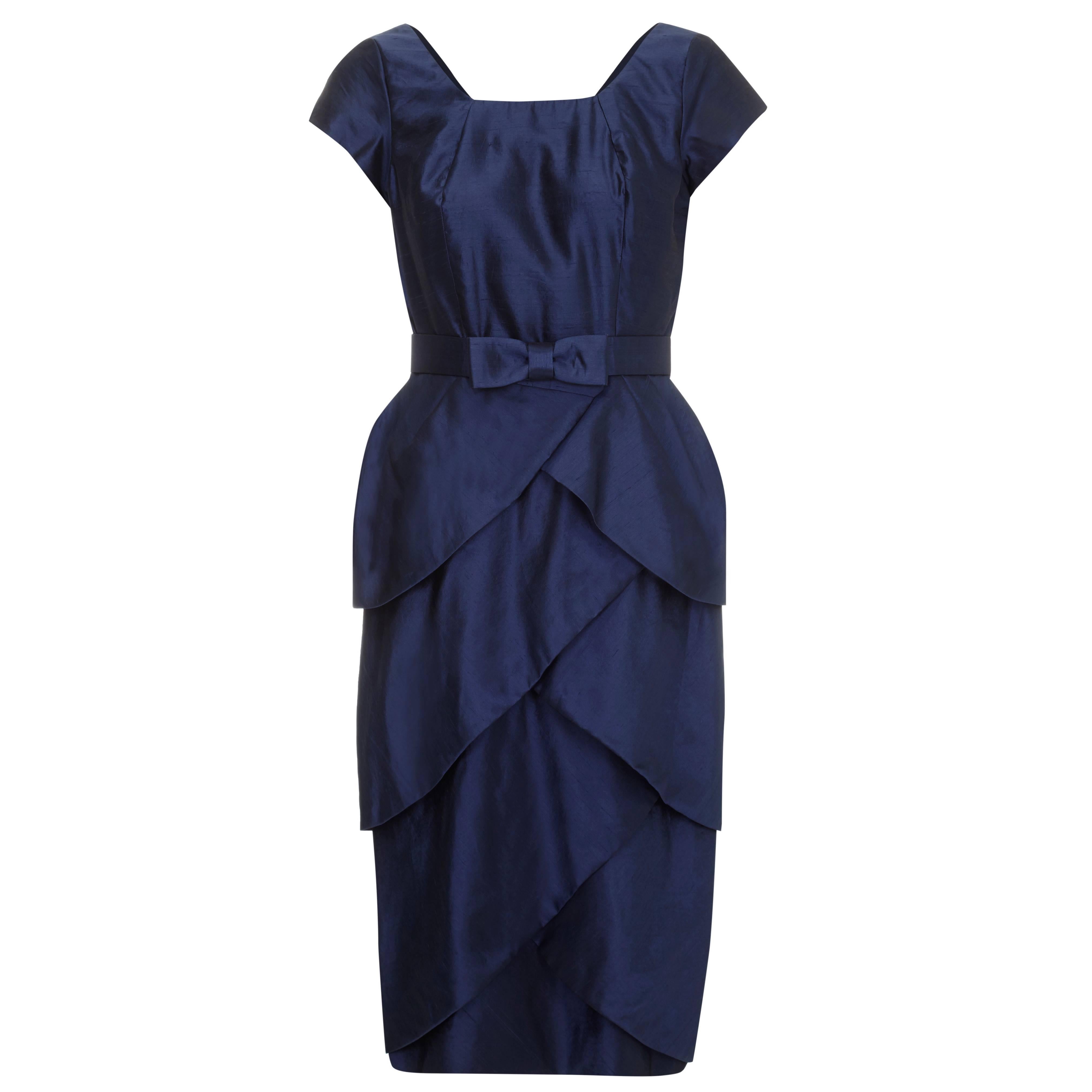 1950s Navy Silk Dress With Tiered Petal Skirt