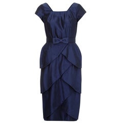 Vintage 1950s Navy Silk Dress With Tiered Petal Skirt