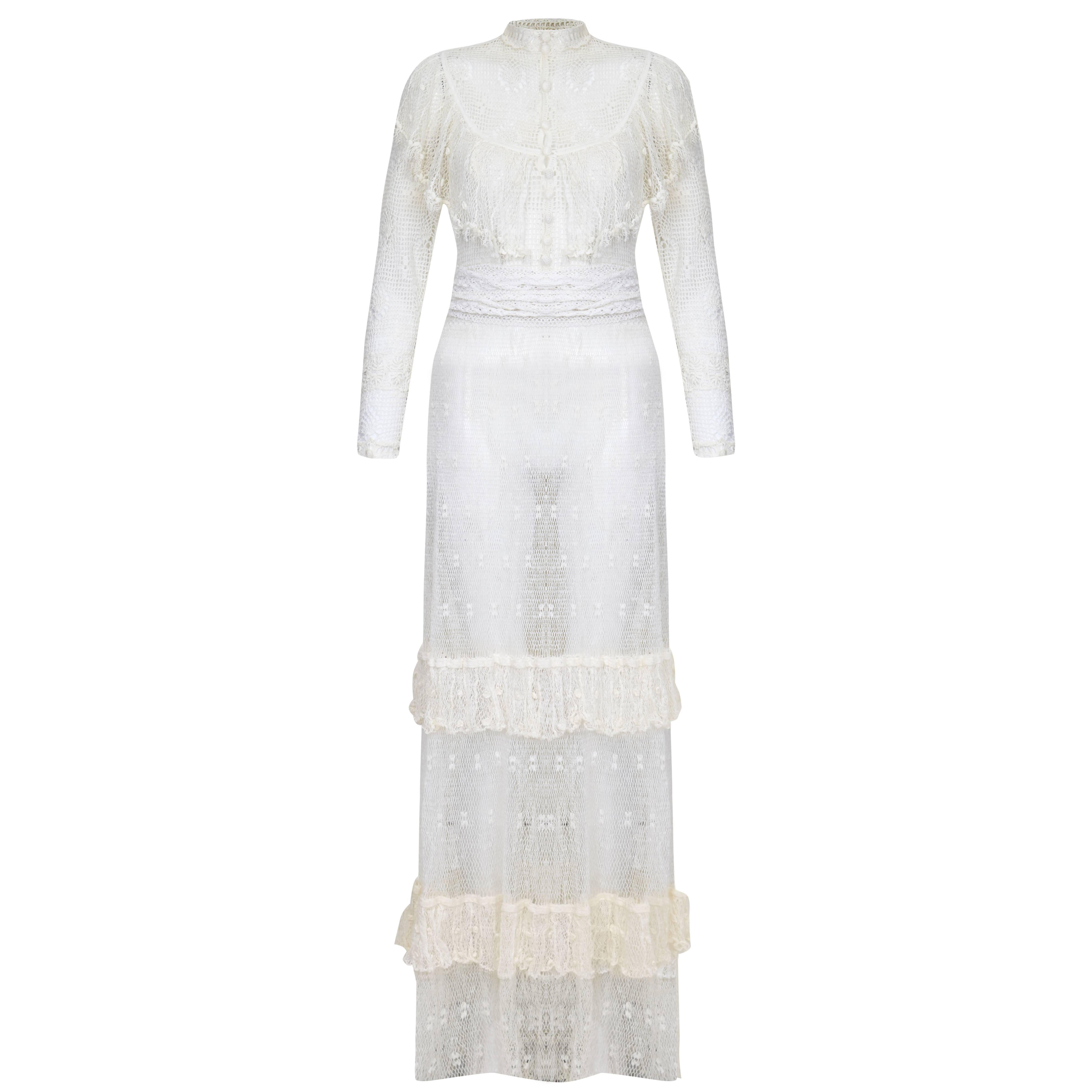 1970s Ivory Crochet Maxi Dress 