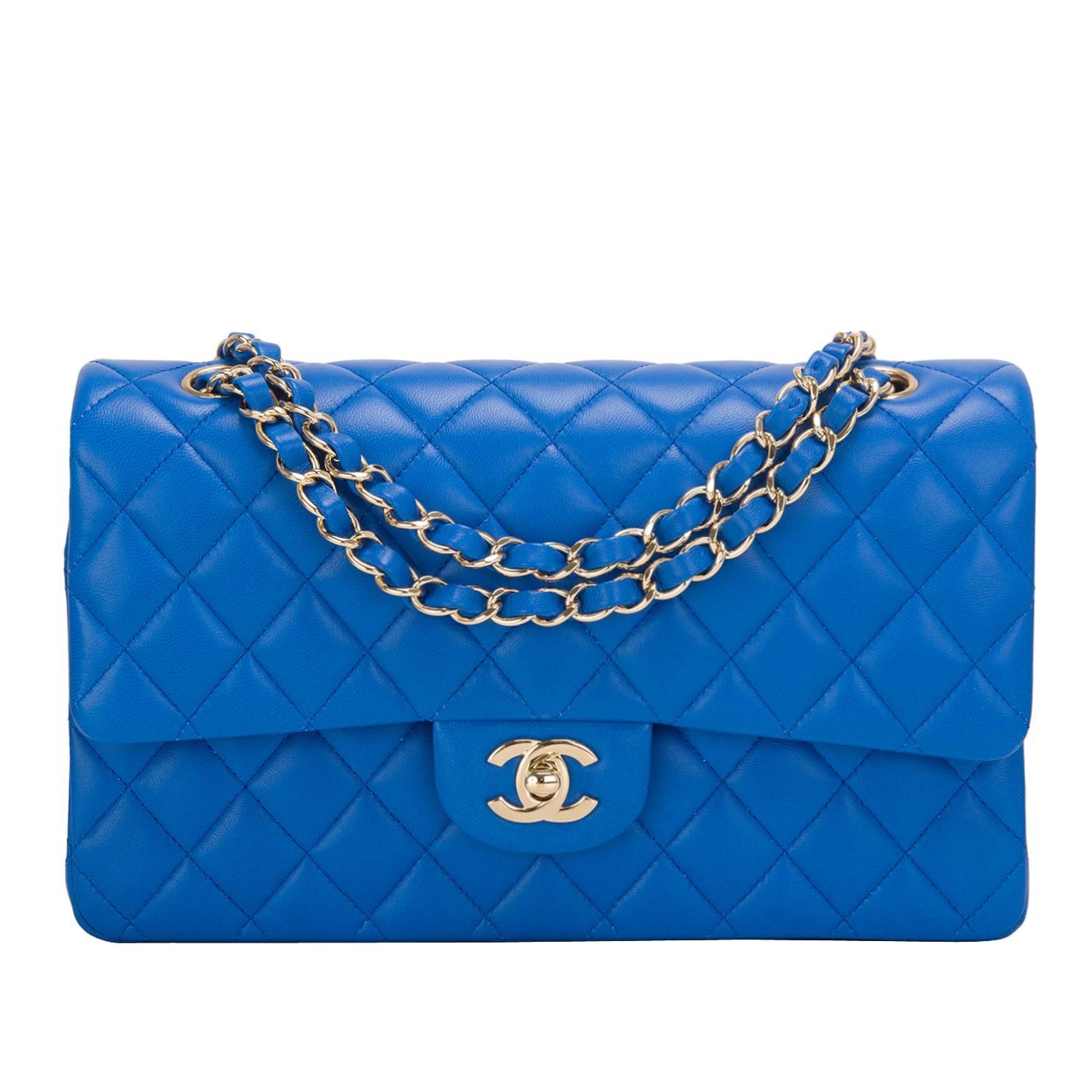 Chanel Blue Quilted Lambskin Medium Double Flap Bag For Sale