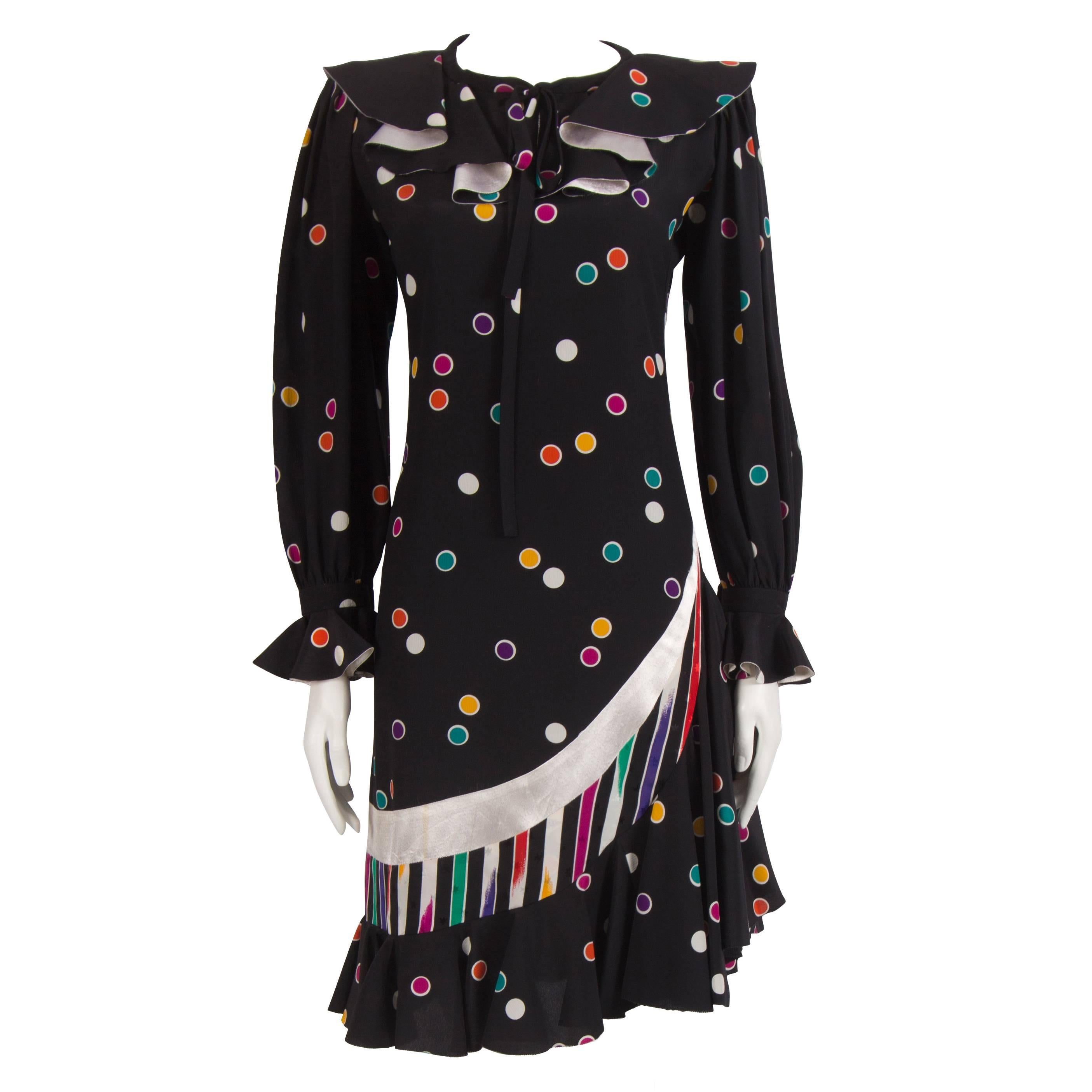 1980's Emanuel Ungaro Couture Black & Multicoloured Polka Dot Dress For Sale