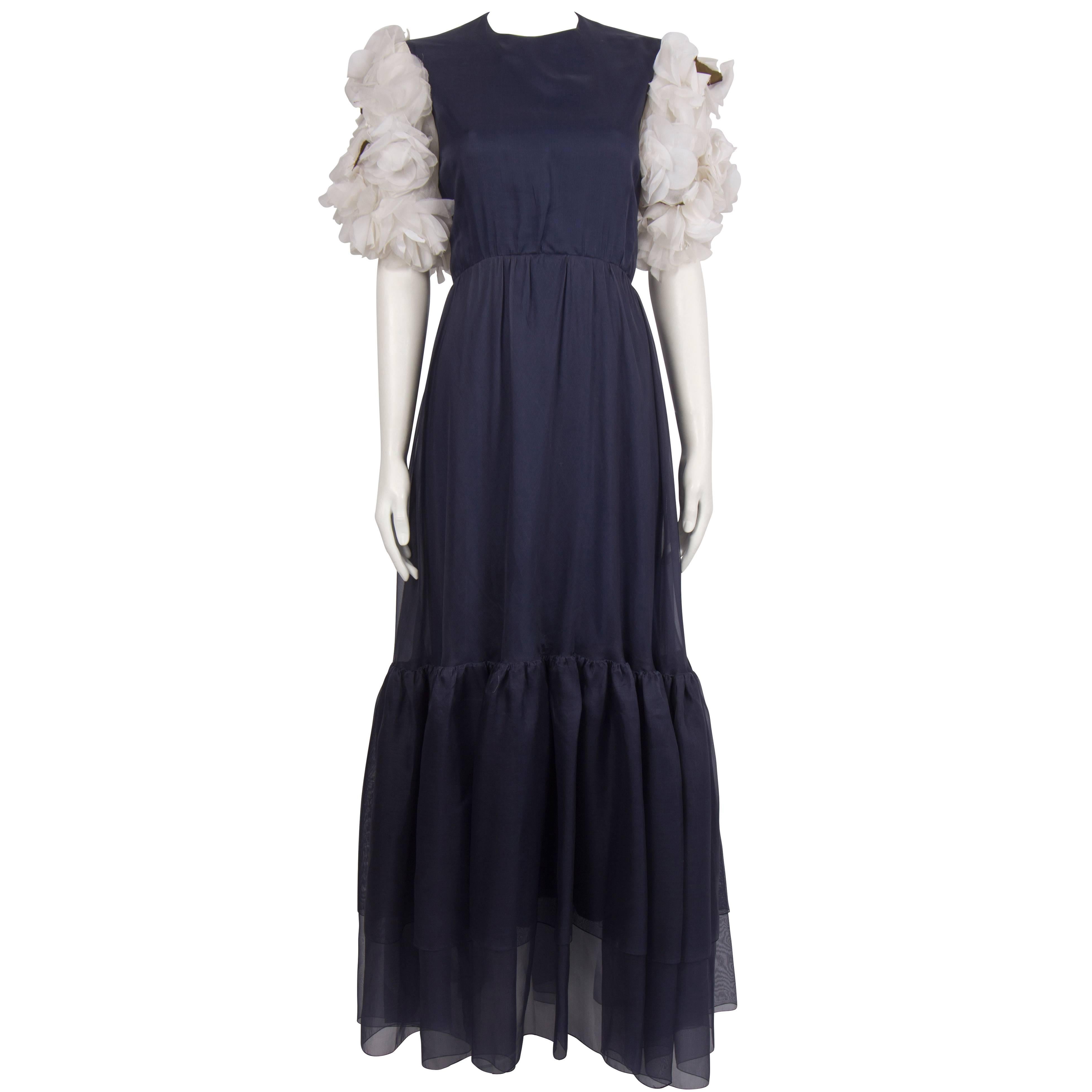 1970's Harald Navy Organza Gown with White Petal Sleeves For Sale