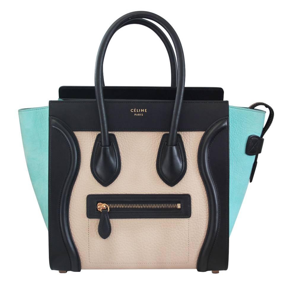 Celine Tricolor Micro Luggage Tote Pebbled Leather & Suede Handbag