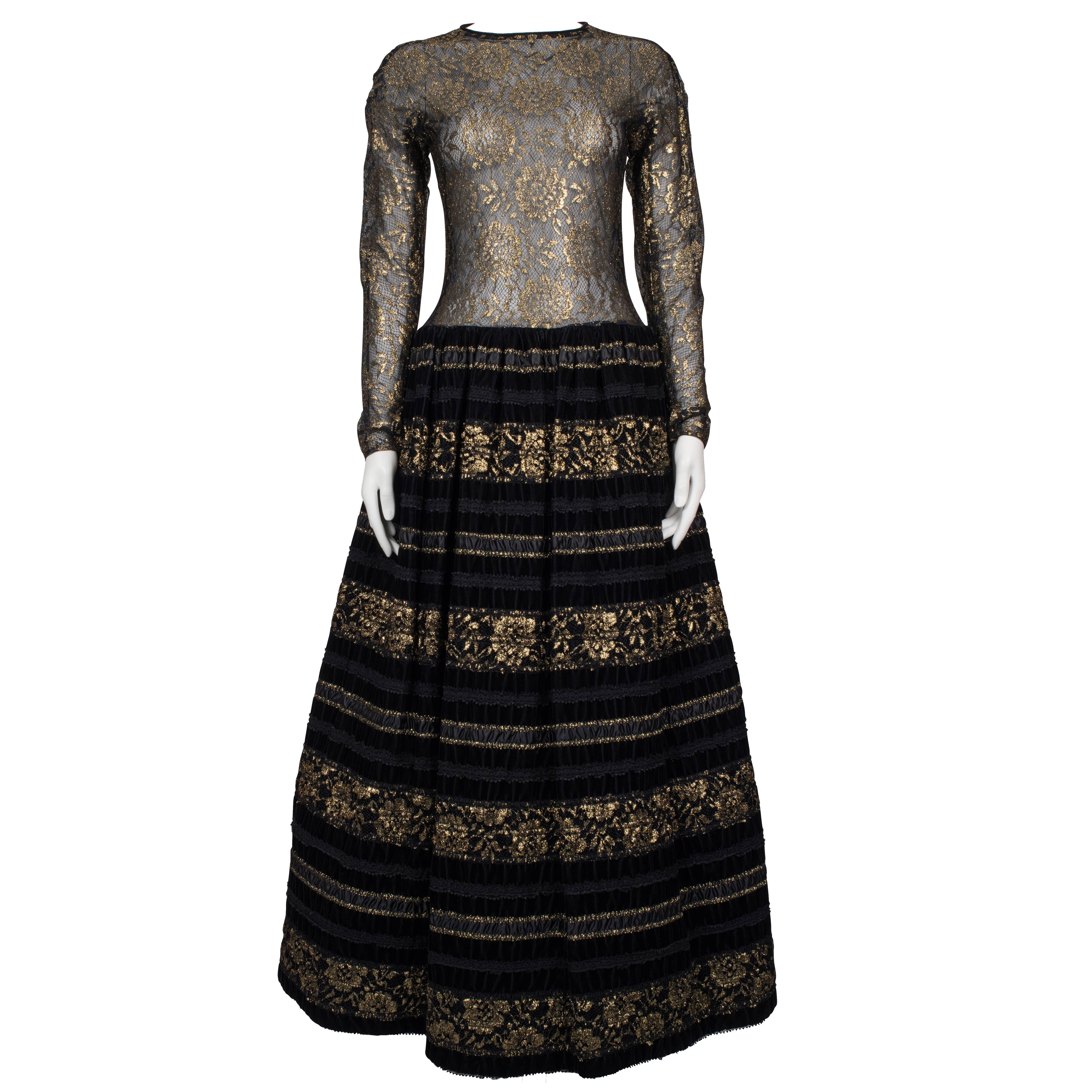 1960's Arnold Scaasi Couture Black Velvet and Gold Lace Gown For Sale