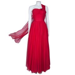 1950's Lipstick Red Silk Chiffon Ball Gown