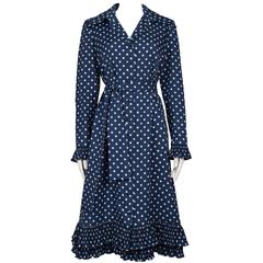 1970's Victor Costa Navy Polka Dot Shirt Dress with Pleat Hem