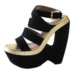Alaia Black Suede Golden Lizard Skin Cutout Wedges 6