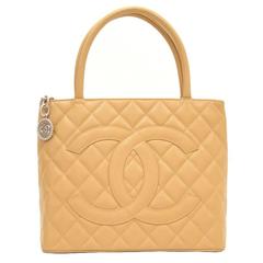 Vintage Chanel Revial Beige Quilted Caviar Leather Tote Hand Bag
