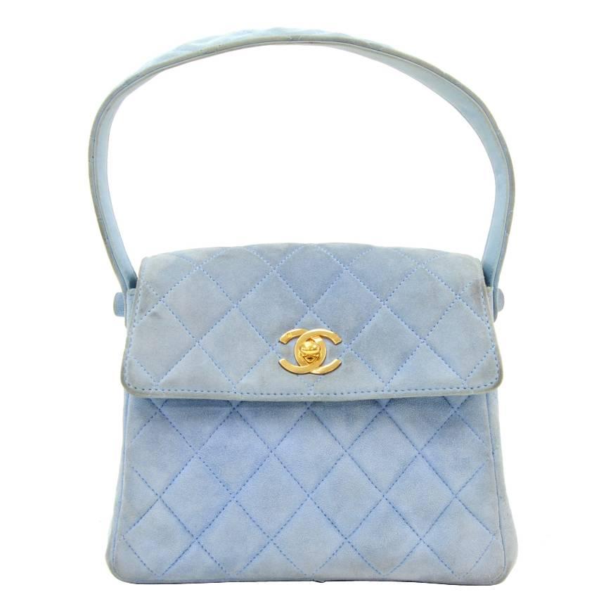 Chanel Light Blue Quilted Suede Leather Flap Hand Bag