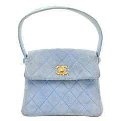 Chanel Light Blue Quilted Suede Leather Flap Hand Bag 7
