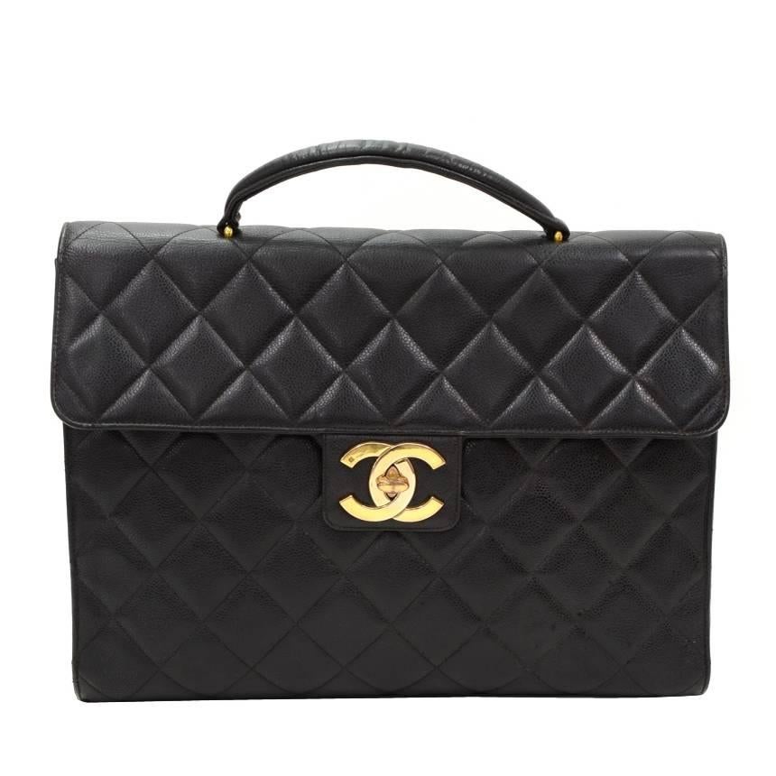 Chanel Black Quilted Caviar Leather Large Briefcase Hand Bag