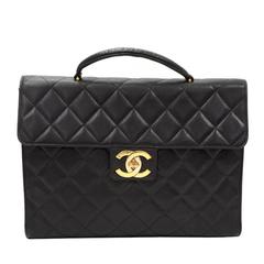 Vintage Chanel Black Quilted Caviar Leather Large Briefcase Hand Bag