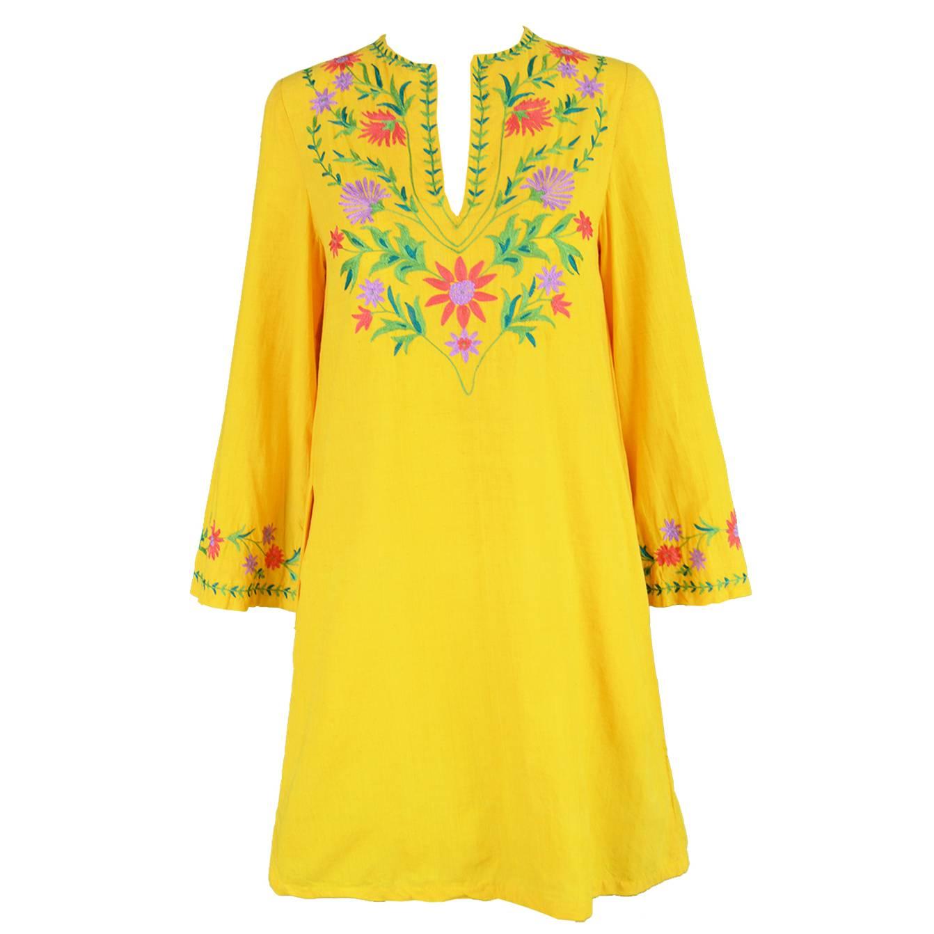 Treacy Lowe Mustard Yellow Hand Embroidered Indian Cotton Mini Dress, 1970s For Sale