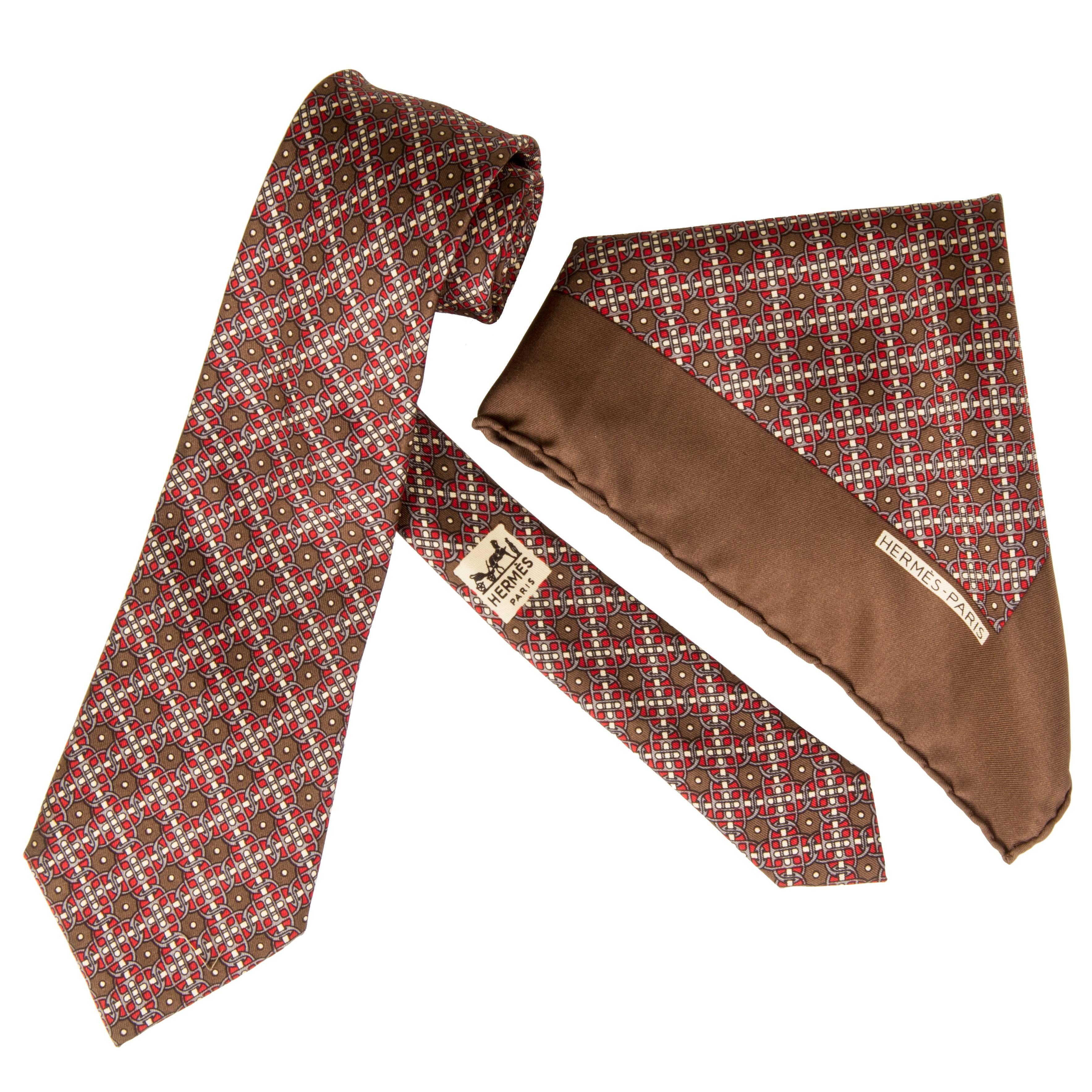 Hermes Vintage Silk Necktie and Pocket Square "Stirrups"