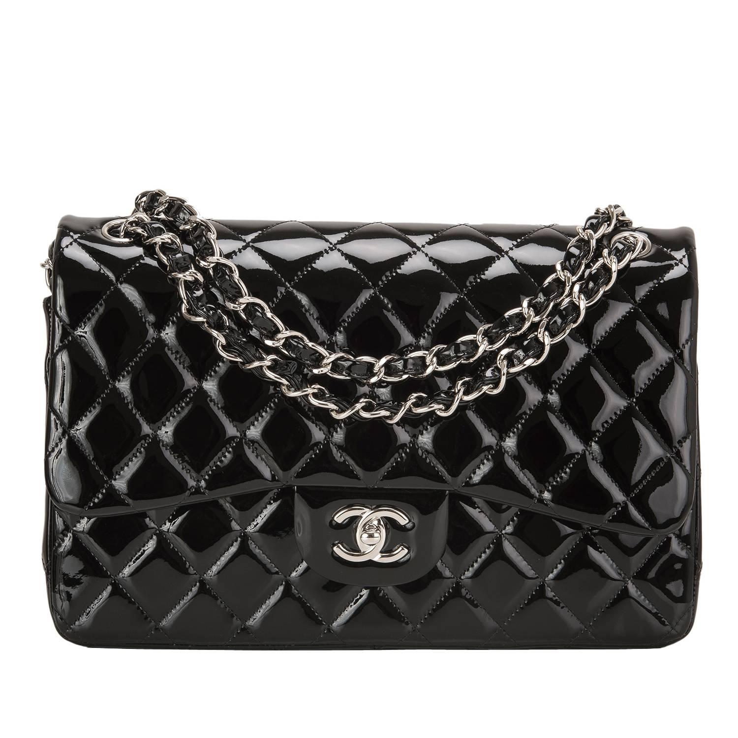 Chanel Black Quilted Patent Jumbo Classic Double Flap Bag