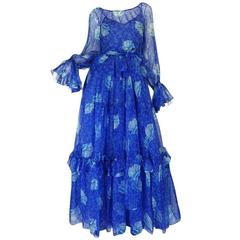 1970s Blue Tiered Floral Silk Chiffon Oscar de la Renta Dress