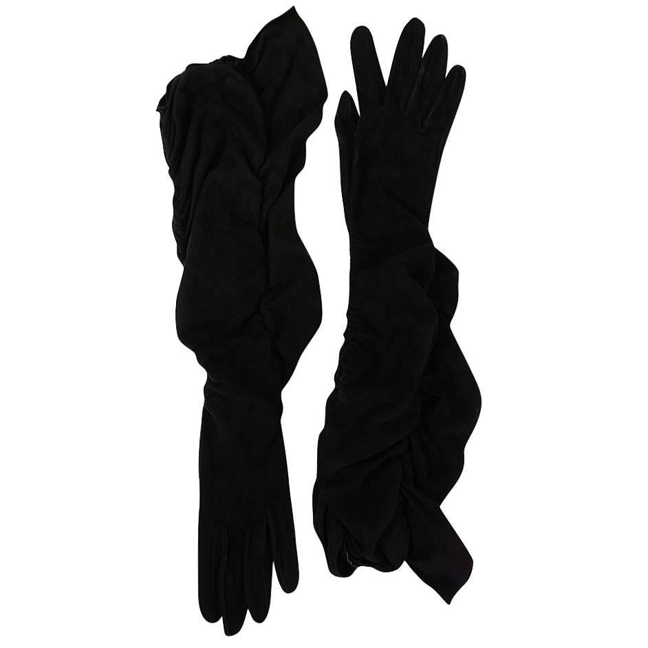 Vintage Hermes Black Suede Opera Gloves with Ruffle