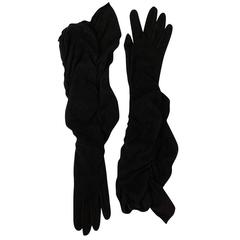 Vintage Hermes Black Suede Opera Gloves with Ruffle