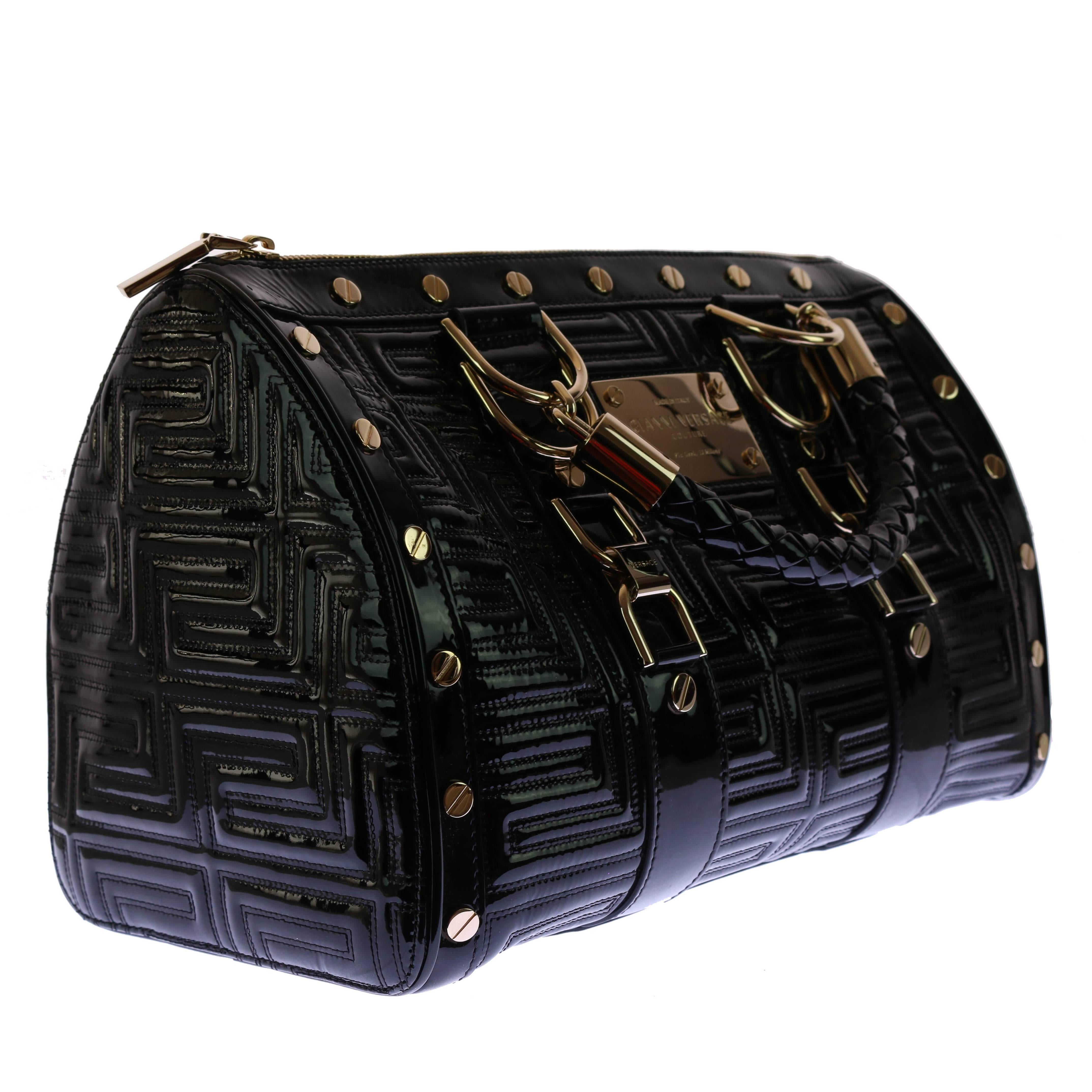 New GIANNI VERSACE COUTURE Black Patent Leather "Snap Out Of It" Bag