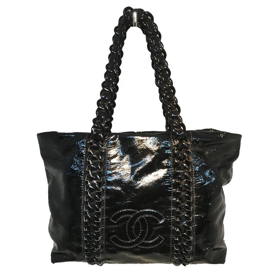 Chanel Black Distressed Patent Leather Shoulder Tote Bag