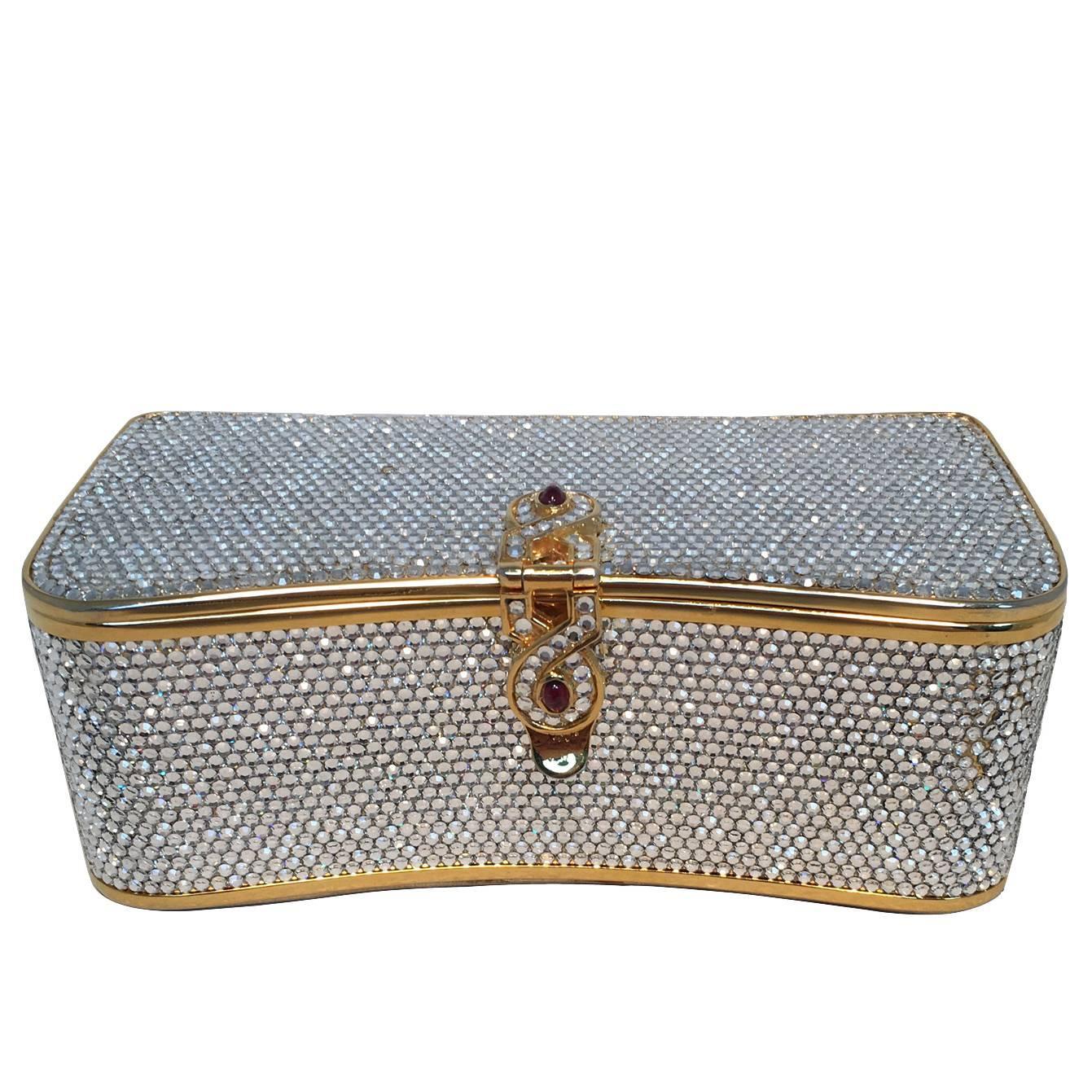 Judith Leiber Vintage Box Clear Swarovski Crystal Minaudiere Evening Bag Clutch For Sale at 1stdibs