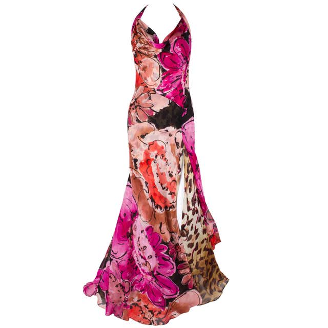Gianni VERSACE Couture Floral Leopard Print Silk Evening Gown Dress at ...