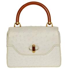 Gucci White 1960's Ostrich and Bakelite Handle Bag