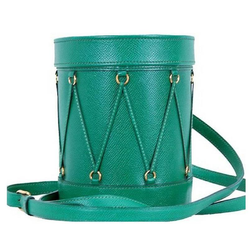 Vintage Hermes green Courchevel grained drum shape shoulder bag, fun purse. Rare For Sale