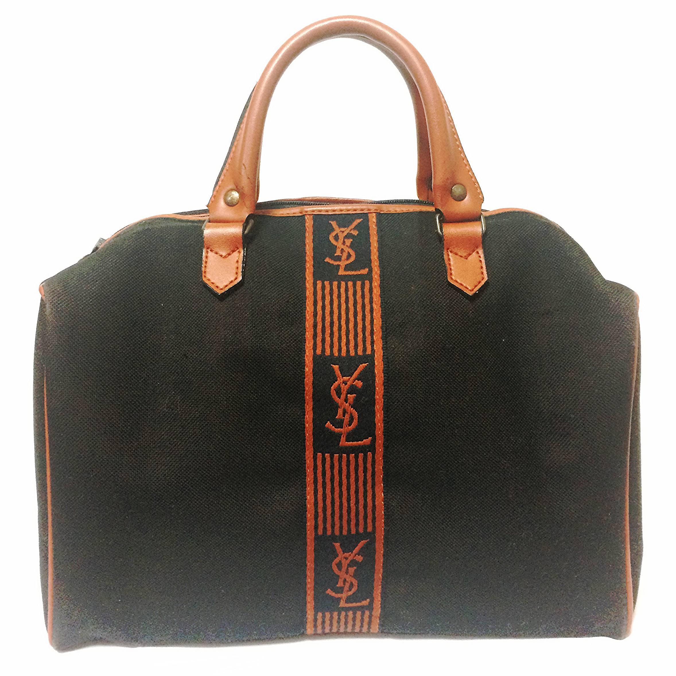 Vintage Yves Saint Laurent black and brown canvas duffle handbag, travel bag